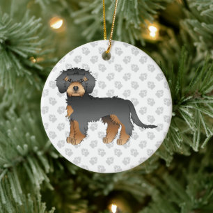 Ornamento De Cerâmica Texto e Cão Mini Goldendoodle Preto E Tano