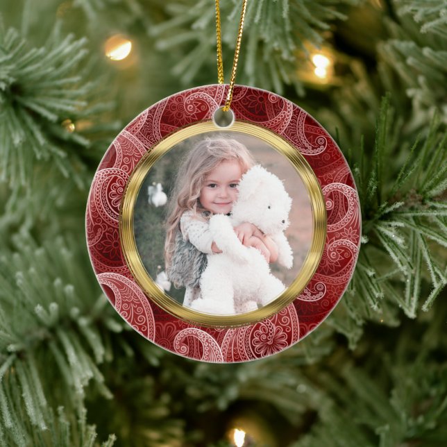 Ornamento De Cerâmica Texto e Foto Personalizadas do Folheto Vermelho Bu (Árvore)