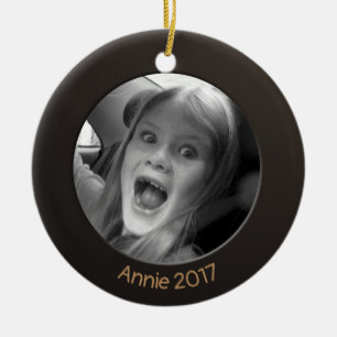 Ornamento De Cerâmica Texto e foto personalizadas do lado duplo preto 2 