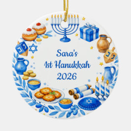 Ornamento De Cerâmica texto personalizado foto Primeiro Hanukkah do Beb