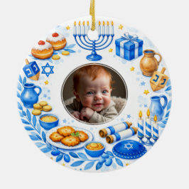 Ornamento De Cerâmica texto personalizado foto Primeiro Hanukkah do Beb