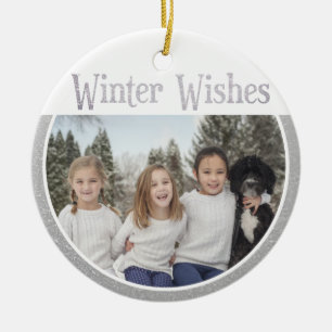 Ornamento De Cerâmica Texto Personalizado/Fotos Inverno Faux Silver Glit