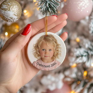 Ornamento De Cerâmica Texto Preto de Foto Natal Anual