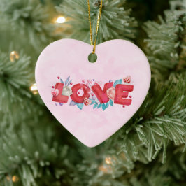 Ornamento De Cerâmica Texto Red Love em Bold Block Letters Watercolor