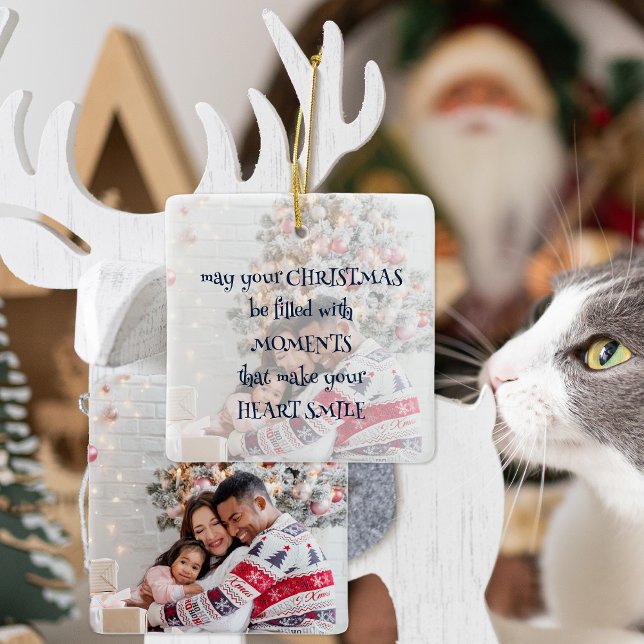 Ornamento De Cerâmica Texto Whimsical do Marinho de Sobreposição de Foto (Front and back view)