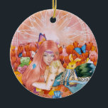 Ornamento De Cerâmica The Afternoon<br><div class="desc">Everything is pink and warm tones from the background to the young lady hair,  pink sky,  pink tulips,  stufftoys and etc 
Art title: The Afternoon
Medium: Mix Media (watercolor,  acrylic,  and colored pencils on watercolor paper camvas)
Size: 12 x 18 inch
Date: January 19,  2022</div>