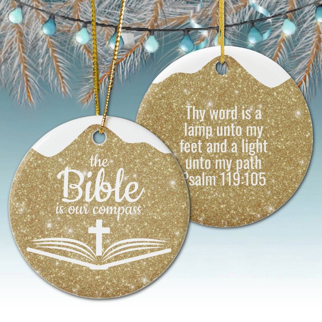 Ornamento De Cerâmica The Bible is our Compass Bible Verse Festive  ⛪️🎄 (Customizable The Bible is our Compass, Bible Verse Festive Ceramic Ornament Golden Sparkle Psalm ✞)