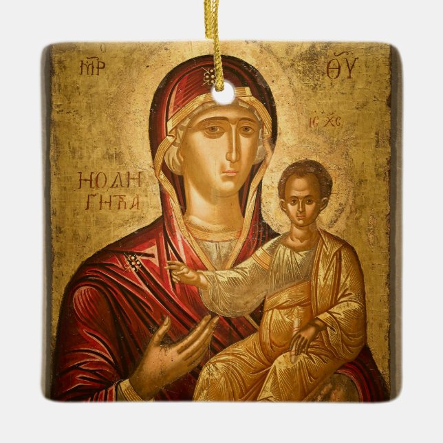 Ornamento De Cerâmica Theotokos e o Ícone Cristo Vermelho e Dourado (Frente)