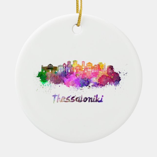 Ornamento De Cerâmica Thessaloniki skyline in watercolor (Frente)