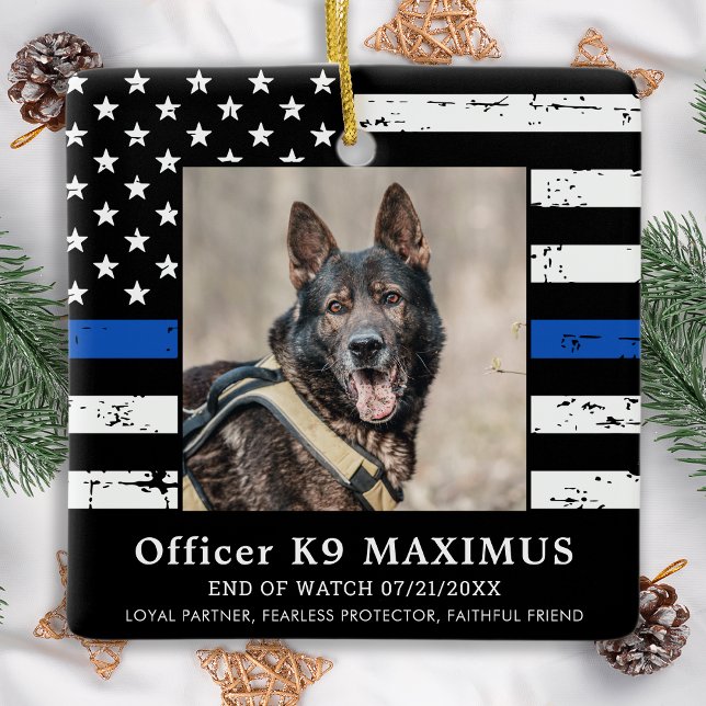 Ornamento De Cerâmica Thin Blue Line Officer K9 Police Dog Memorial (Criador carregado)