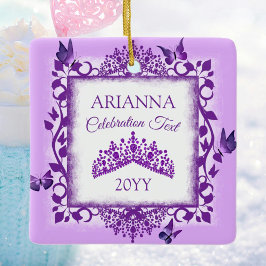 Ornamento De Cerâmica Tiara Roxa Personalizada & Borboletas Lembrança