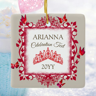 Ornamento De Cerâmica Tiara Vermelha Rubi Personalizada & Borboletas