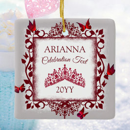 Ornamento De Cerâmica Tiarra Cinza Personalizada, Vermelho Borgonha, Bor