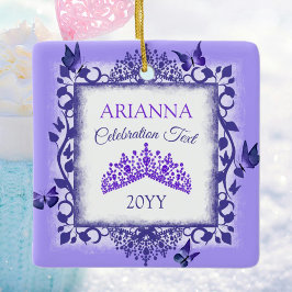 Ornamento De Cerâmica Tiarra Roxa Personalizada & Borboletas