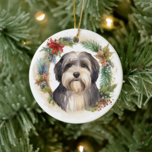 Ornamento De Cerâmica Tibetano Terrier Christmas Wreath Festivo Pup