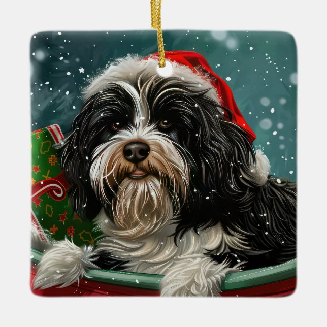 Ornamento De Cerâmica Tibetano Terrier Dog Natal Festivo (Frente)