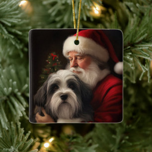 Ornamento De Cerâmica Tibetano Terrier Santa Claus Festivo Natal