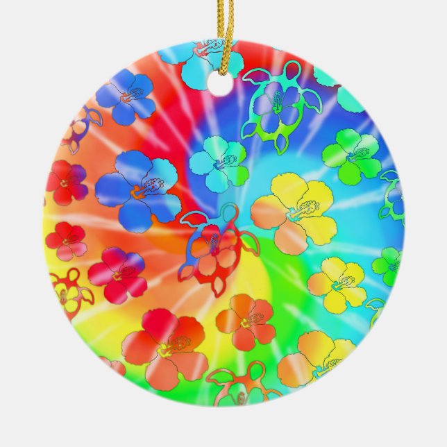 Ornamento De Cerâmica Tie Dye Honu E Hibiscus (Frente)