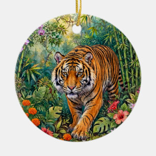 Ornamento De Cerâmica Tigre de Bengala Vibrante Selva de Bambu