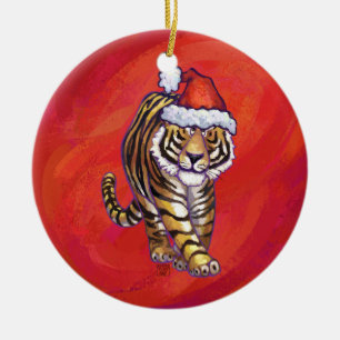 Ornamento De Cerâmica Tigre Natal em Vermelho