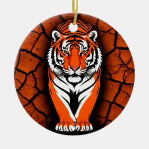 Ornamento De Cerâmica Tigre Ousado em Fundo de Terra Rachada