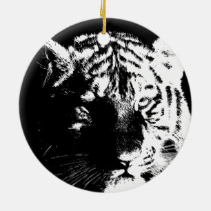 Ornamento De Cerâmica Tigre Pop de Arte Preto e Branco