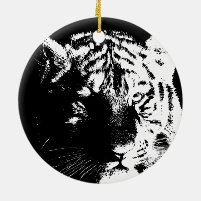 Ornamento De Cerâmica Tigre Pop de Arte Preto e Branco (Traseira)