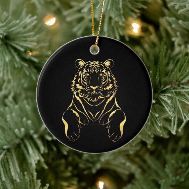 Ornamento De Cerâmica Tigre preto com tiras de ouro (Árvore)