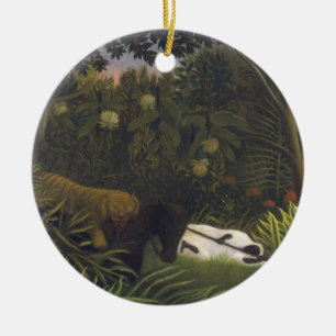 Ornamento De Cerâmica Tigre que ataca um cavalo e um homem negro de sono