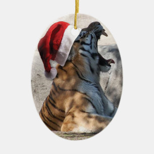 Ornamento De Cerâmica Tigre rujir Bengal com chapéu do papai noel