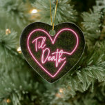 Ornamento De Cerâmica Til Death Neon Primeiro Natal Casado Envolvido<br><div class="desc">A placa de neon rosa inspirou o design de "Til Death" sobre madeira de boxwood inspirada em fundo com texto branco personalizado para os nomes da noiva e do noivo e data do casamento no verso.</div>