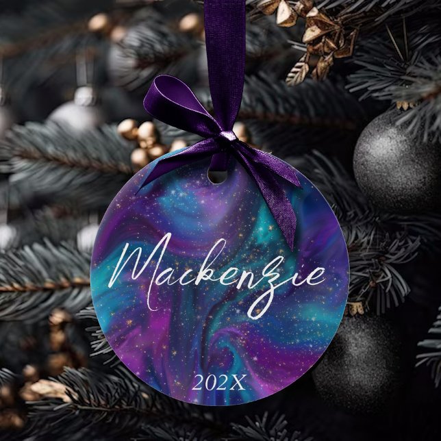 Ornamento De Cerâmica Tinta cósmica | Nebulosa da Galáxia Roxa Azul Turq (Criador carregado)