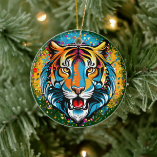 Ornamento De Cerâmica Tinta de cores Arco-íris Cabeça de Tigre