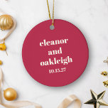 Ornamento De Cerâmica Tipografia Chic Casamento Personalizado de Marinha<br><div class="desc">Tipografia Bold Chic Magenta Red Ivory Moderno Casamento Personalizado Cerâmica Ornament</div>