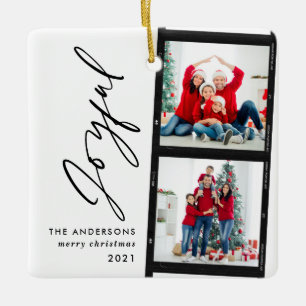 Ornamento De Cerâmica Tipografia de colagem fotográfica do Natal 2 azul