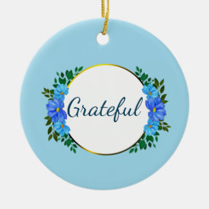 Ornamento De Cerâmica Tipografia Grateful Floral Zinnia Azul