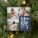 Ornamento De Cerâmica tipografia multifoto-moderna e colorida do marinho<br><div class="desc">Marinho azul de tipografia  gráfico colorido azul feliz natal natal natal multi-fotografia natal design. Parte de uma coleção de feriados divertida.</div>