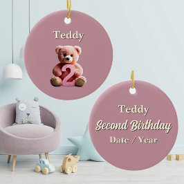 Ornamento De Cerâmica Todler Girl segundo aniversário Rosa Teddy Bear Ma