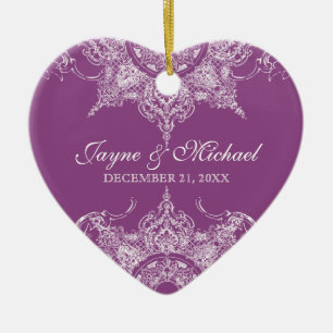 Ornamento De Cerâmica Toile Damask Swirl First Christmas Plum