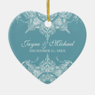 Ornamento De Cerâmica Toile Damask Swirl First Christmas Slate Blue