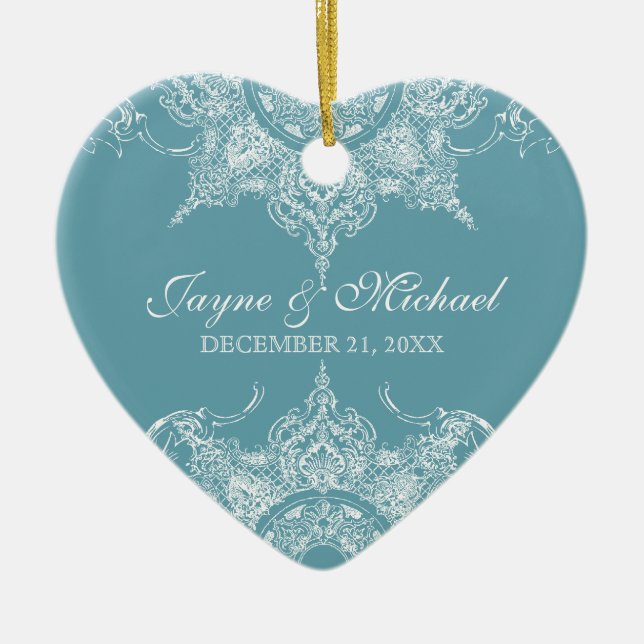 Ornamento De Cerâmica Toile Damask Swirl First Christmas Slate Blue (Frente)