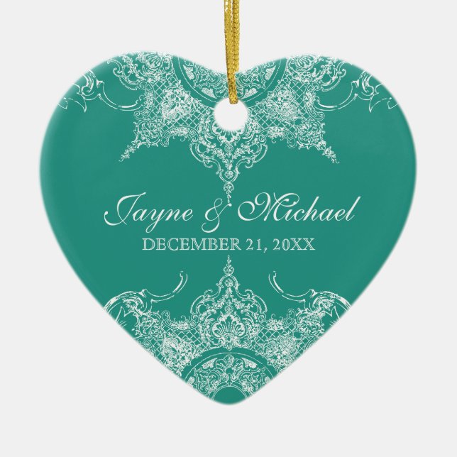 Ornamento De Cerâmica Toile Damask Swirl First Christmas Teal Green (Frente)