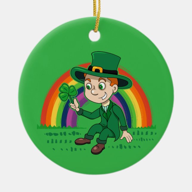 Ornamento De Cerâmica Toon leprechaun bonito com shamrock e arco-íris (Frente)