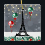 Ornamento De Cerâmica Torre Eiffel de inverno, Balões de Natal à noite<br><div class="desc">Esta bela design de Natal tematizada em Paris mostra a Torre Eiffel em uma cena de neve completa com balões coloridos de Natal.</div>