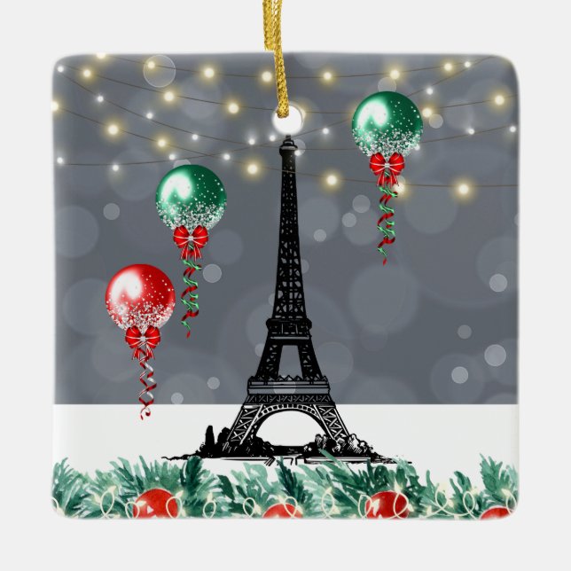 Ornamento De Cerâmica Torre Eiffel de inverno, Balões de Natal à noite (Frente)