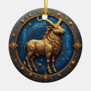 Ornamento De Cerâmica Touro Dourado na Roda Cósmica do Zodíaco