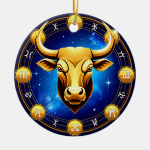Ornamento De Cerâmica Touro Dourado no Círculo Zodiacal Cósmico