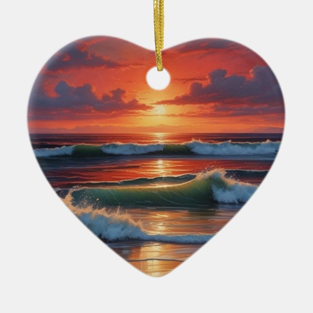 Ornamento De Cerâmica Trabalho de arte de Paisagem do Mar Vermelho Sunse (Frente)