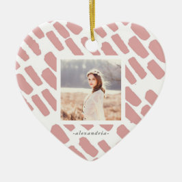 Ornamento De Cerâmica Traços de Pincel Branco e Blush com Foto e Nome