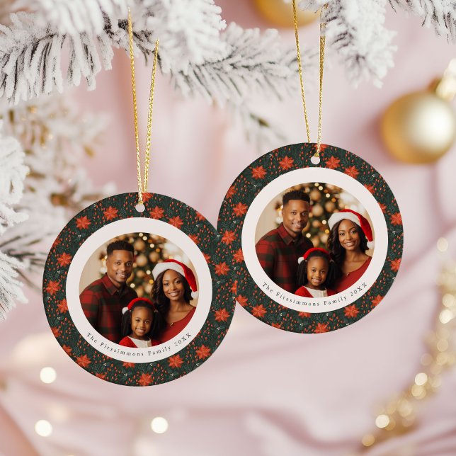 Ornamento De Cerâmica Traditional Red Poinsettia 2 Sided Photo Christmas (Poinsettia Season Double Sided Photo Christmas Ornament forest green)